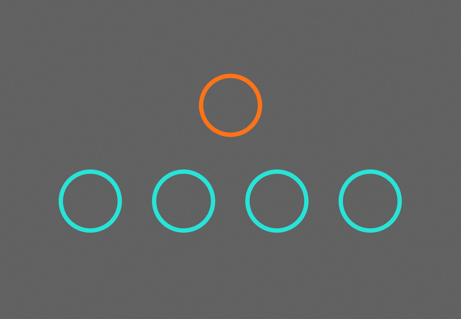 One orange circle above a row of four teal circles on a grey background.