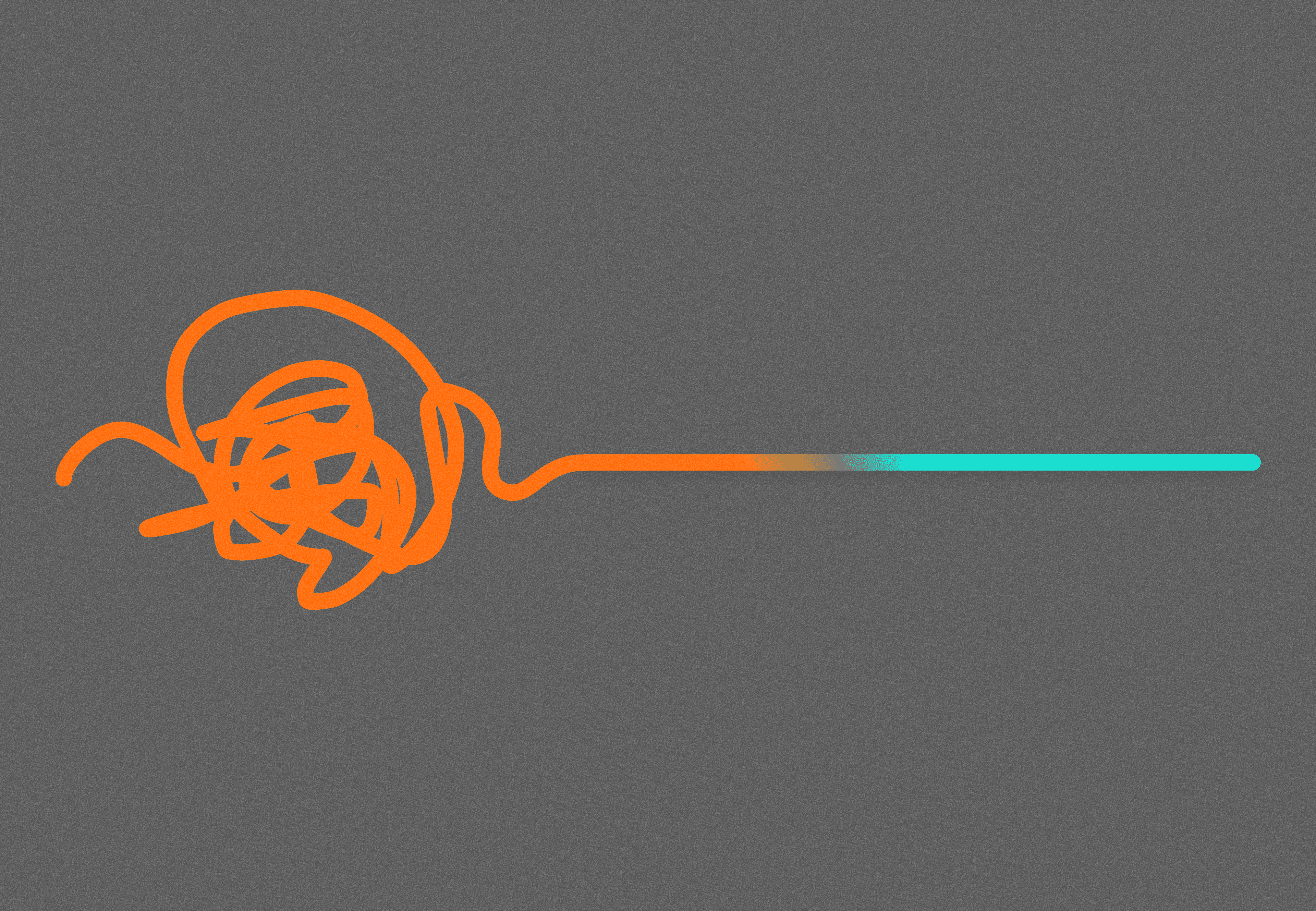 A tangled orange line that straightens out and turns into a clean teal line on a grey background.
