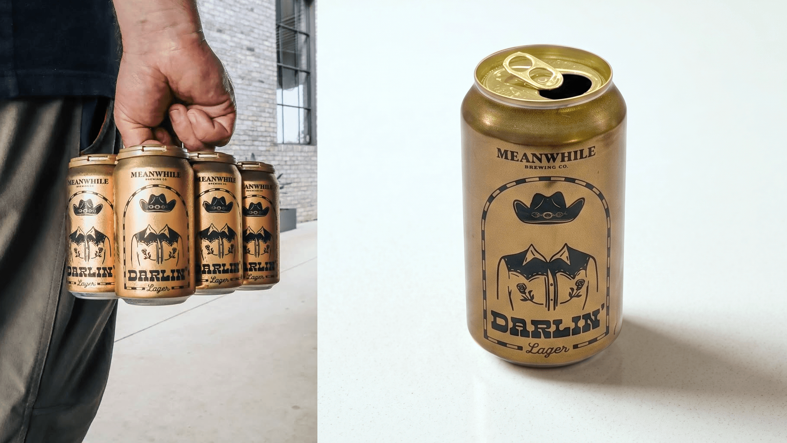 Meanwhile Brewing Darlin’ Lager cans, a six-pack carried by hand and a single can on a white surface.