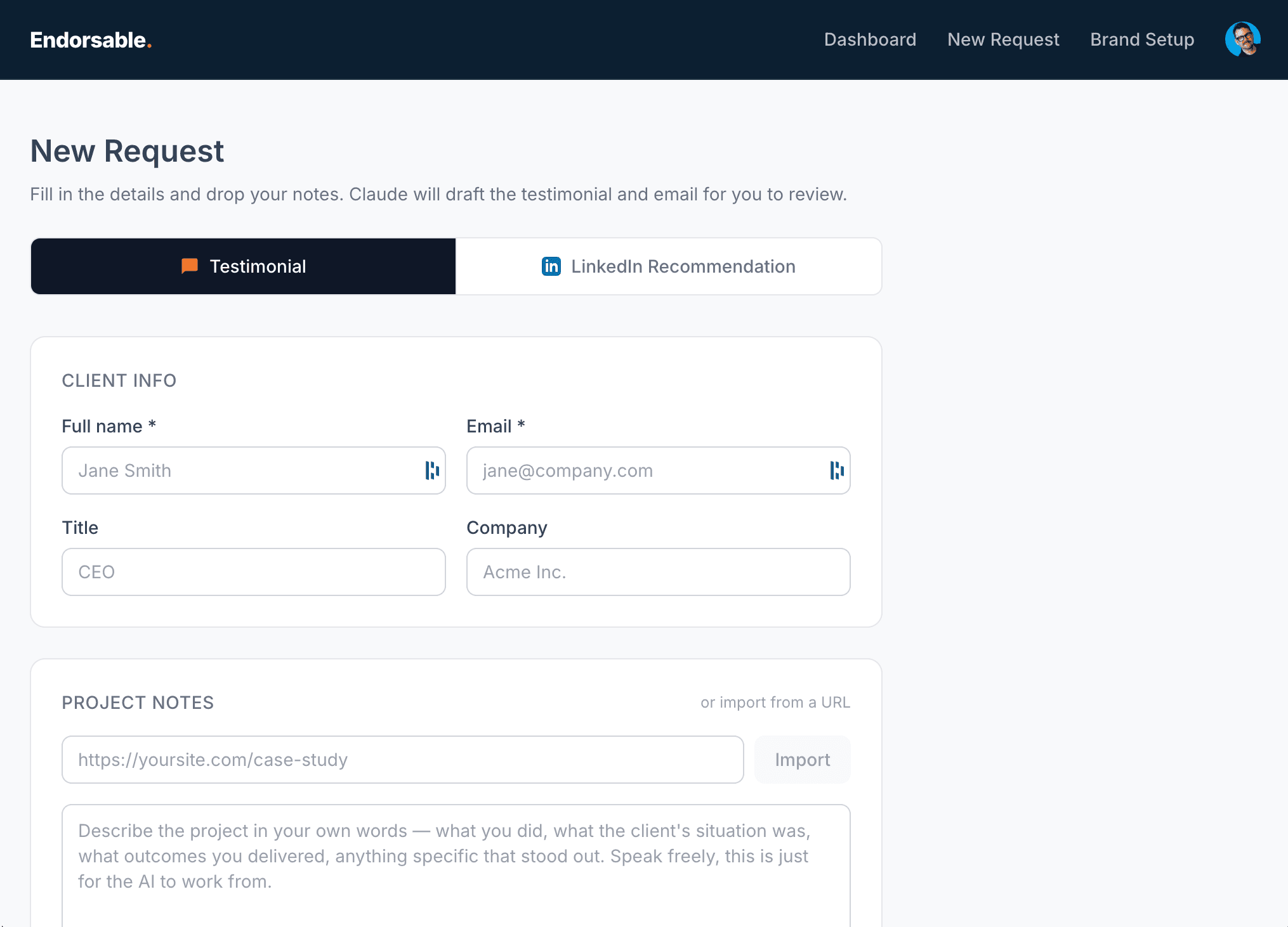 Screenshot of the Endorsable app’s New Request form for drafting a testimonial.