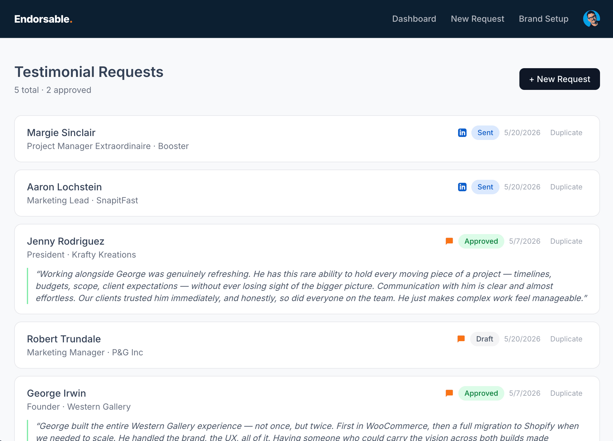 Screenshot of the Endorsable app showing a list of testimonial requests.