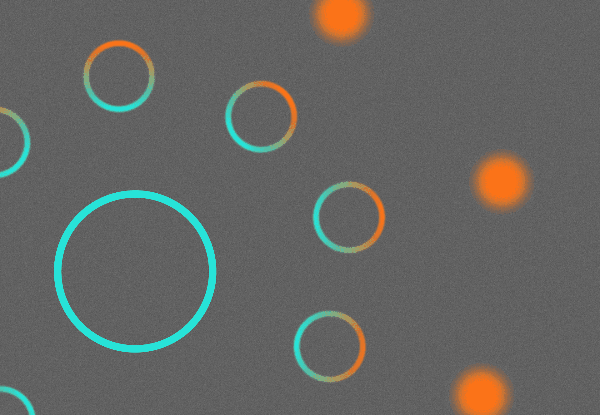 Scattered teal and orange rings and glowing orange dots on a grey background.