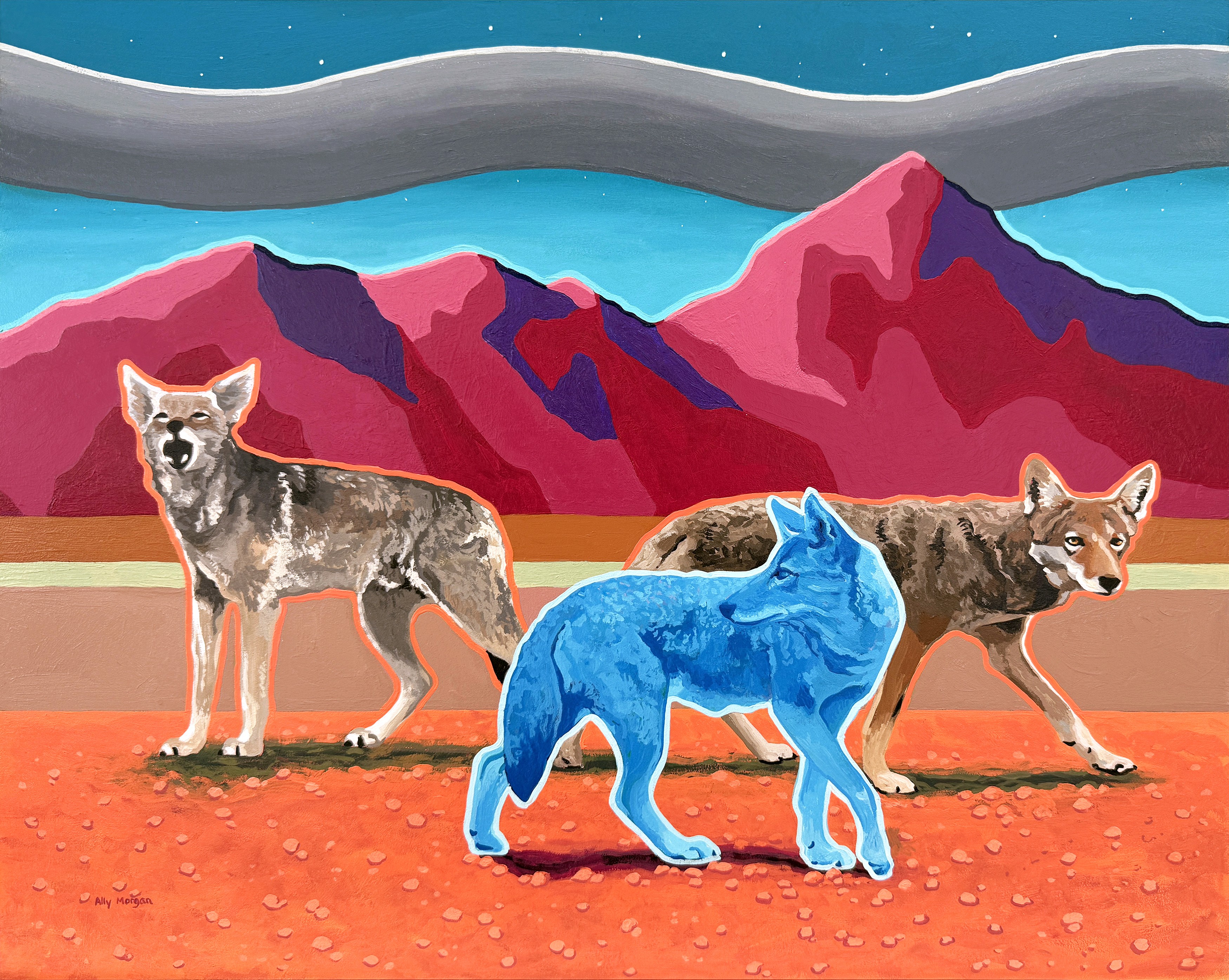 Painting of three coyotes, one rendered in bright blue, in front of pink and purple mountains under a night sky.