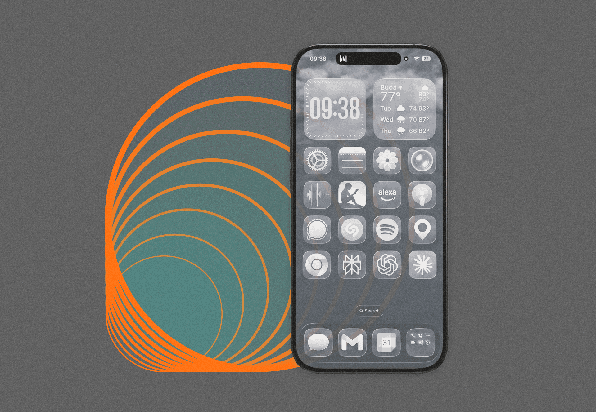 A phone with a grayscale home screen in front of concentric orange arcs on a grey background.